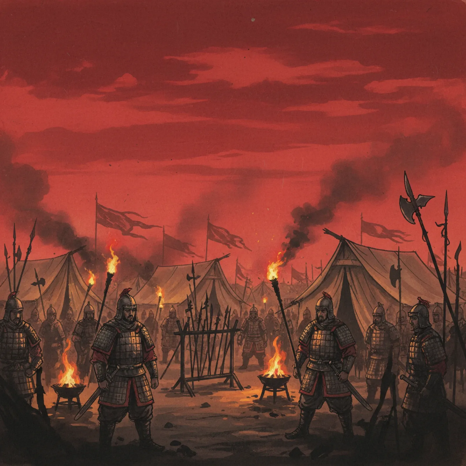 五代十国,血色天空下的军营,火光映照着铁甲武士的轮廓