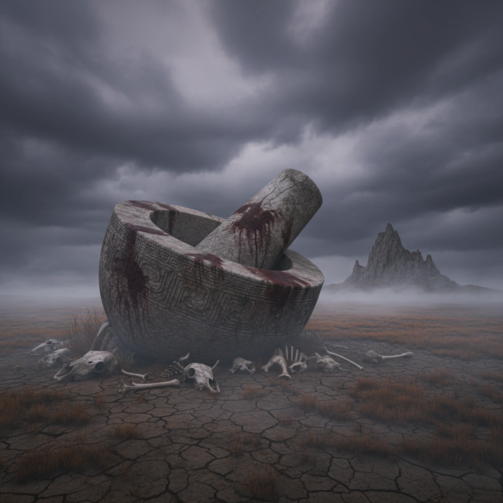 荒野中废弃的巨型石臼,散落的白骨,铅灰色的天空