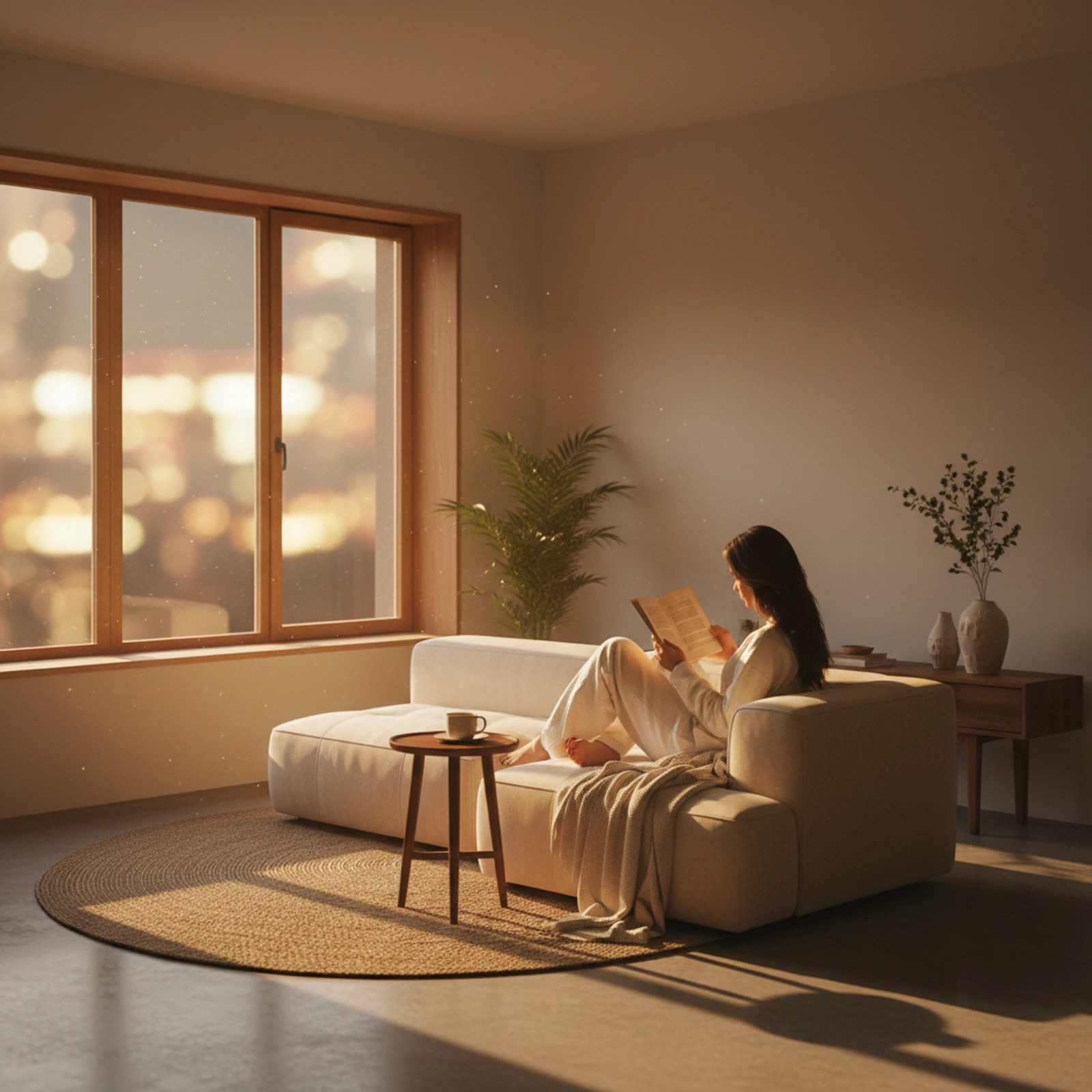 傍晚暖光中,一个人安静地坐在沙发上看书喝茶